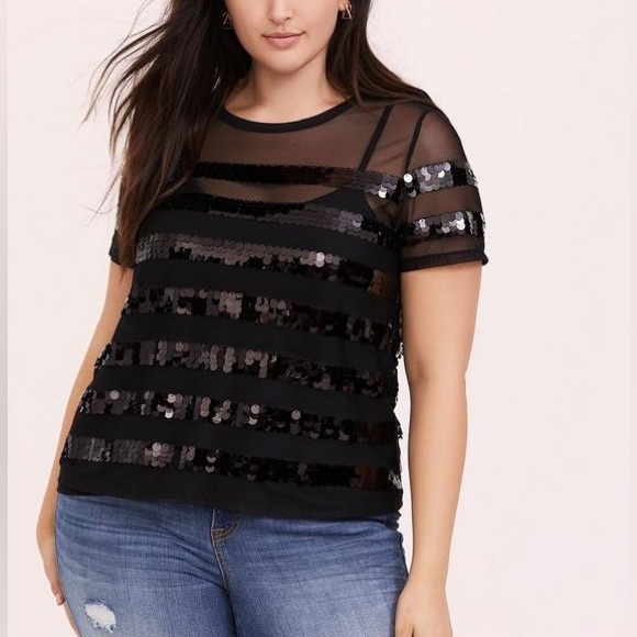 Sheer Mesh Stripe Sequin Crew Neck Tee - Picture 4 of 5